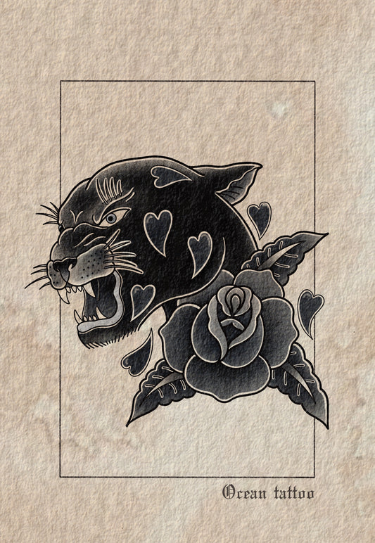 Panther Rose - Traditional Tattoo Art Print