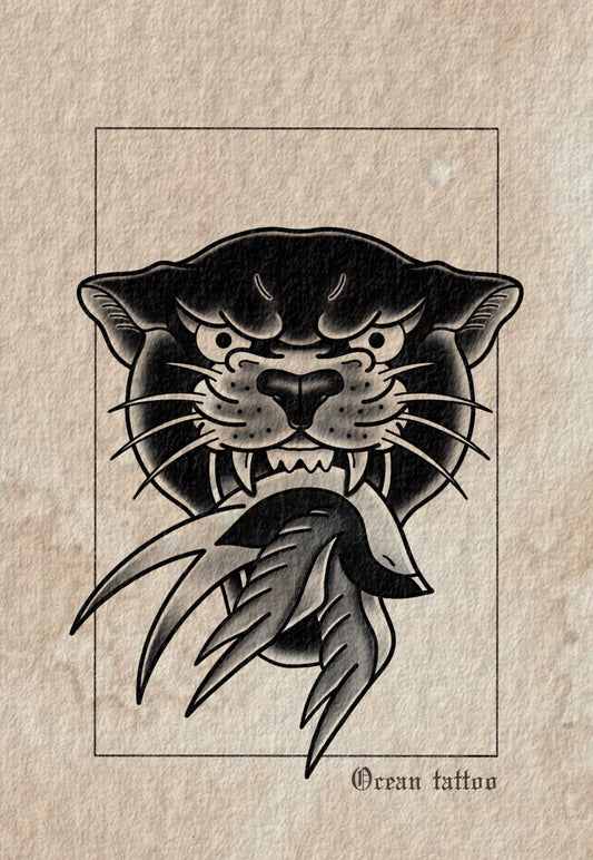 Panther with Bird - Traditional Tattoo Art Print